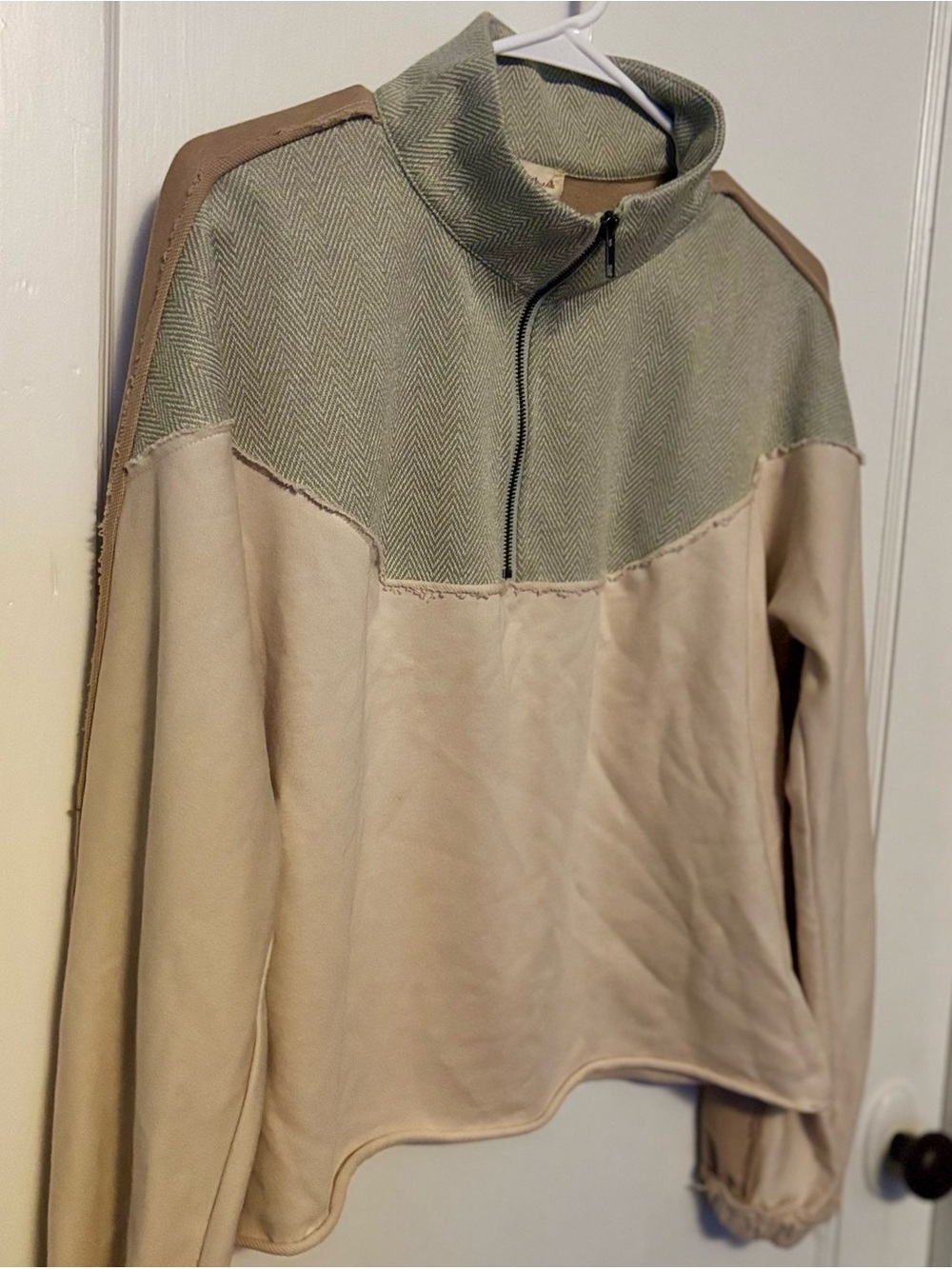 Hem & Thread Sage and Tan Herringbone Zip Jacket